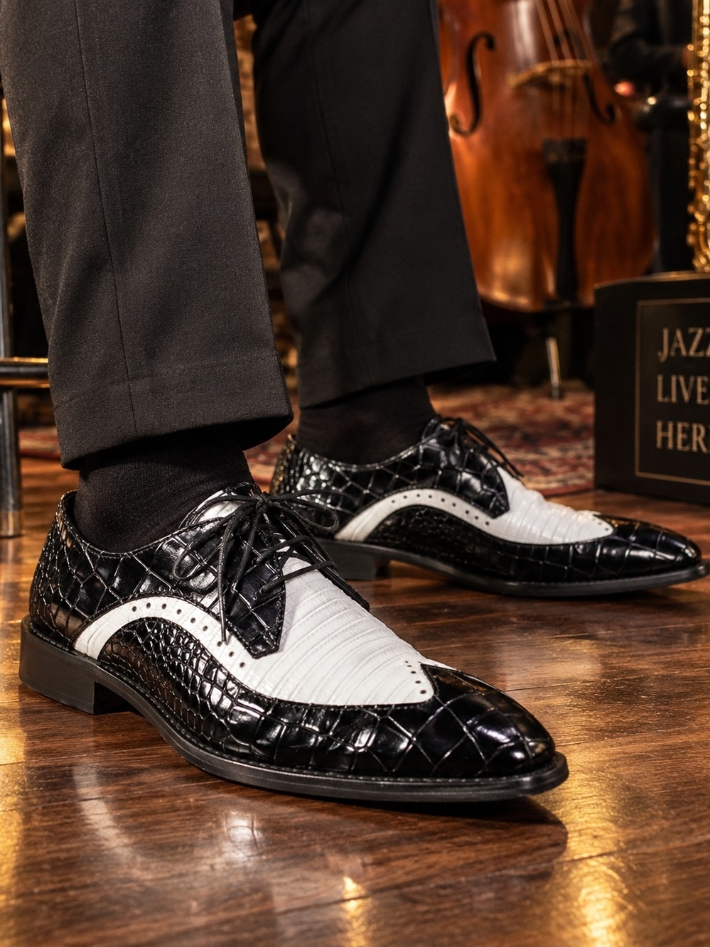 Stacy Adams Black & White Croc-Embossed Wingtip Oxfords